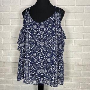 Reitmans Cold Shoulder Top | Lined | Handkerchief Print | Navy | XXL Short Cut